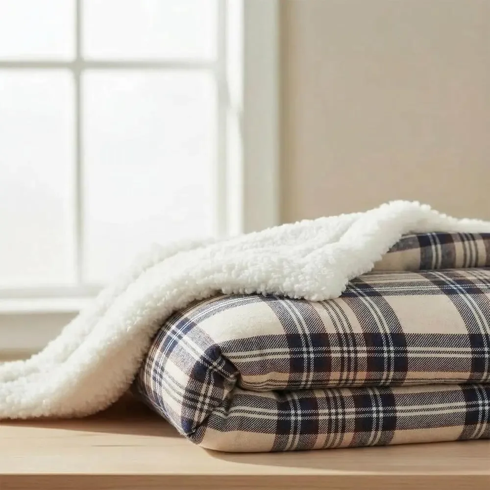 Eddie Bauer Edgewood Plaid Sherpa Throw Blanket 50x60 Flannel Fleece New